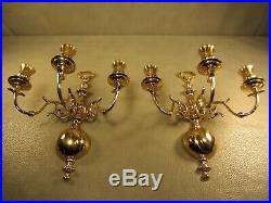 Pair of 13 Inch Solid Brass 3 Arm Candle Holder Wall Sconce with Key Hole Top