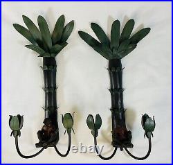 Pair of 1970s Tole Palm Tree Monkey Metal Wall Candle Sconces