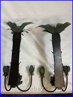 Pair of 1970s Tole Palm Tree Monkey Metal Wall Candle Sconces