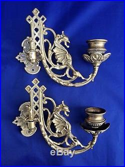 Pair of 2 Antique Ornate Brass Dragon Griffin Piano Candle Holders Wall Sconce