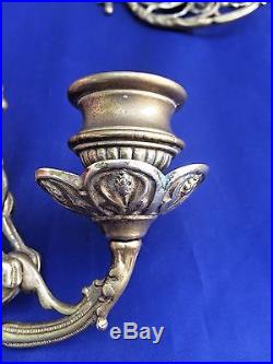 Pair of 2 Antique Ornate Brass Dragon Griffin Piano Candle Holders Wall Sconce