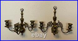 Pair of 2 Vintage Brass Gilt Bronze 3 Arm Wall Candle Sconces with Glass Shades