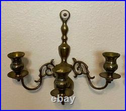 Pair of 2 Vintage Brass Gilt Bronze 3 Arm Wall Candle Sconces with Glass Shades