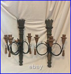 Pair of 2 WOOD WALL Sconces, Candelabra, Hanging 3 Candle Holder, Tassels, 23 T