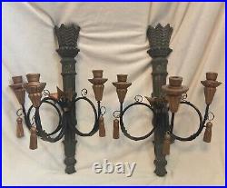 Pair of 2 WOOD WALL Sconces, Candelabra, Hanging 3 Candle Holder, Tassels, 23 T