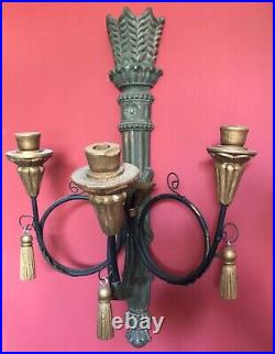 Pair of 2 WOOD WALL Sconces, Candelabra, Hanging 3 Candle Holder, Tassels, 23 T