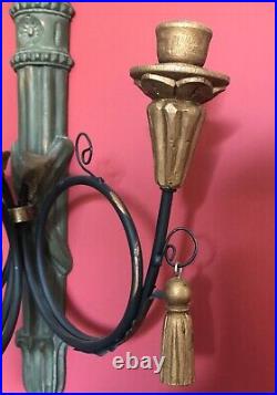 Pair of 2 WOOD WALL Sconces, Candelabra, Hanging 3 Candle Holder, Tassels, 23 T