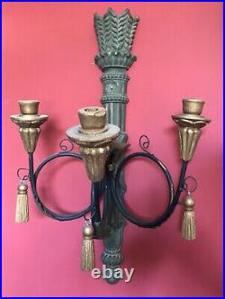 Pair of 2 WOOD WALL Sconces, Candelabra, Hanging 3 Candle Holder, Tassels, 23 T