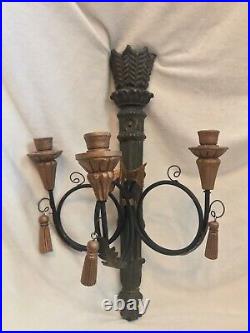 Pair of 2 WOOD WALL Sconces, Candelabra, Hanging 3 Candle Holder, Tassels, 23 T