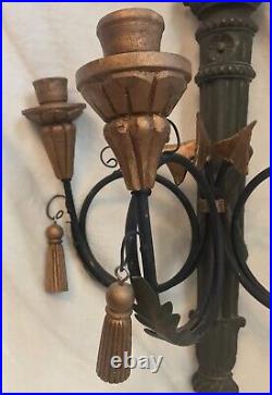 Pair of 2 WOOD WALL Sconces, Candelabra, Hanging 3 Candle Holder, Tassels, 23 T