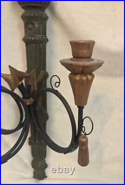 Pair of 2 WOOD WALL Sconces, Candelabra, Hanging 3 Candle Holder, Tassels, 23 T