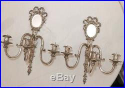 Pair of 2 antique ornate Victorian style silverplate wall candle holder sconces