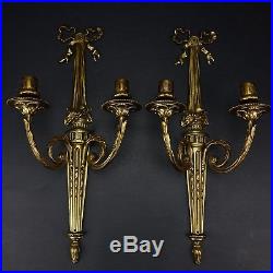 Pair of Antique Brass Finish Art Deco Double Arm Wall Sconce Candle Holders