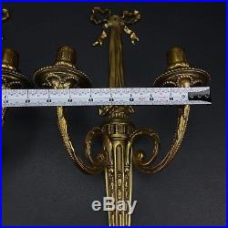 Pair of Antique Brass Finish Art Deco Double Arm Wall Sconce Candle Holders