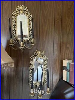 Pair of Antique Brass French Bevelled Mirrored Wall Sconces 3 Arm Candlestick