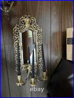 Pair of Antique Brass French Bevelled Mirrored Wall Sconces 3 Arm Candlestick