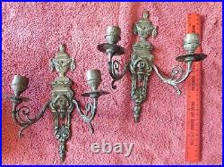 Pair of Antique Bronze Brass Wall Sconce Double Candle holder arm Ornate Vintage