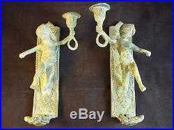 Pair of Antique CAST BRASS CHERUB WALL MOUNTED CANDLE HOLDERS Patena Wall Sconce