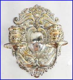 Pair of Antique Dutch or Spanish Style Silvered Brass Wall Sconces Candle Holder