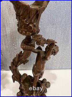 Pair of Antique French Ornate Bronze Putti Figural Candlesticks