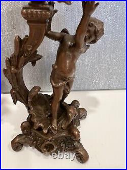 Pair of Antique French Ornate Bronze Putti Figural Candlesticks
