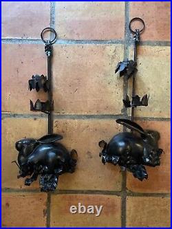 Pair of Antique Petite Choses Cast or Wrought Iron Rabbit Wall Candle Holders