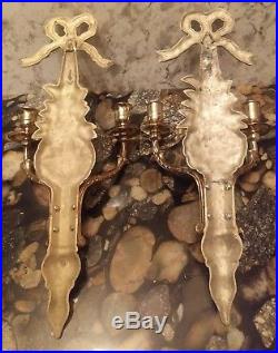 Pair of Antique Victorian Brass Floral Wall Sconce 2 Candle Holder