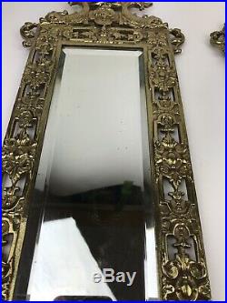 Pair of Brass Frame Mirror Candle Holder Wall Sconces Neoclassical Motif