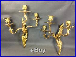Pair of Candle Holders Wall 3 Branches Brass Golden Deco Style 19ème Candelabra
