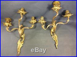 Pair of Candle Holders Wall 3 Branches Gold Brass Deco Style 19th Candelabra