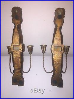 Pair of French Gesso Wall Sconces Candle Holders Gilded Lions head