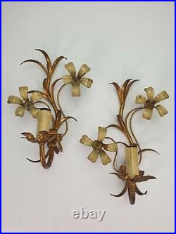 Pair of French Vintage Gilded Metal Wall Sconces with Flowers Hollywood Regency