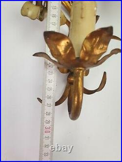 Pair of French Vintage Gilded Metal Wall Sconces with Flowers Hollywood Regency