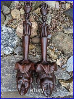 Pair of Hand-carved Dark Wood Candle Sconces Ft. Caribbean Women in Headdress