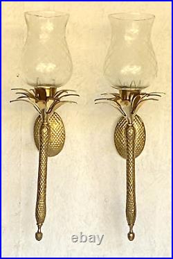 Pair of Heavy Brass Pineapple Candle Wall Sconces withHurricane Glasses