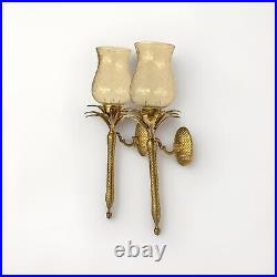 Pair of Heavy Brass Pineapple Candle Wall Sconces withHurricane Glasses