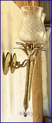 Pair of Heavy Brass Pineapple Candle Wall Sconces withHurricane Glasses