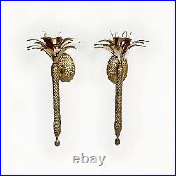 Pair of Heavy Brass Pineapple Candle Wall Sconces withHurricane Glasses