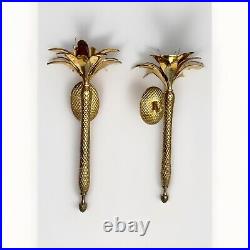 Pair of Heavy Brass Pineapple Candle Wall Sconces withHurricane Glasses