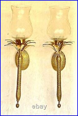 Pair of Heavy Brass Pineapple Candle Wall Sconces withHurricane Glasses