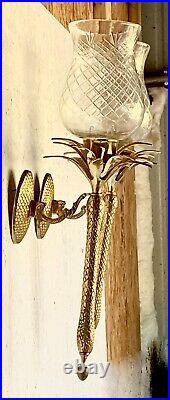 Pair of Heavy Brass Pineapple Candle Wall Sconces withHurricane Glasses