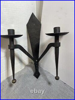Pair of Heavy Forged Iron Double Candle Holders Wall Mount Sconce Gothic Black