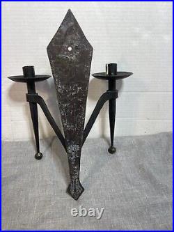 Pair of Heavy Forged Iron Double Candle Holders Wall Mount Sconce Gothic Black