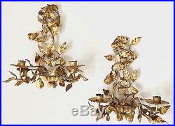 Pair of Hollywood Regency Italian Gilt Tole Wall Sconce Candle Holders