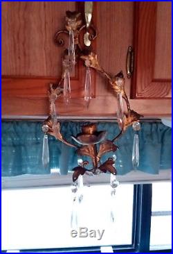 Pair of Italian Florentine Crystal Prisms Wall Sconces Candlesticks