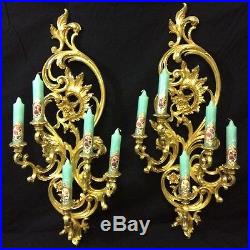 Pair of Large Vintage Hollywood Regency Syroco Gold Wall Sconces Candle Holders