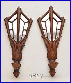 Pair of Mid Century Faux Wood Metal Mirror Wall Sconce Candle Holder Geometric