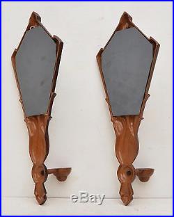 Pair of Mid Century Faux Wood Metal Mirror Wall Sconce Candle Holder Geometric