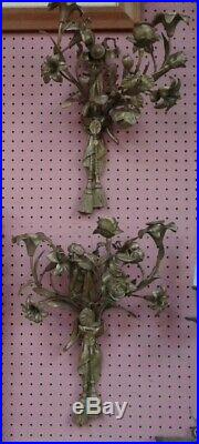 Pair of Ornate Antique Art Nouveau 3 Light Brass Wall Candle Holders, Sconce