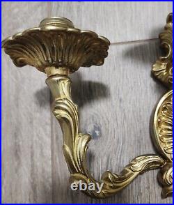 Pair of Ornate Brass Triple Candle Holder Sconce Wall Hanging Flowers